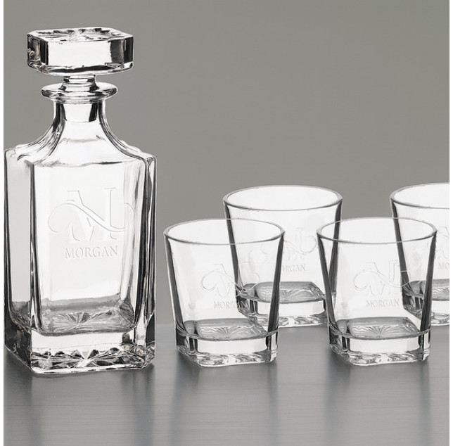 Polar Camel 750mL Square Glass Decanter Set with Four 11 oz. Rocks Glasses in Black Gift Box with Printed Paper Sleeve